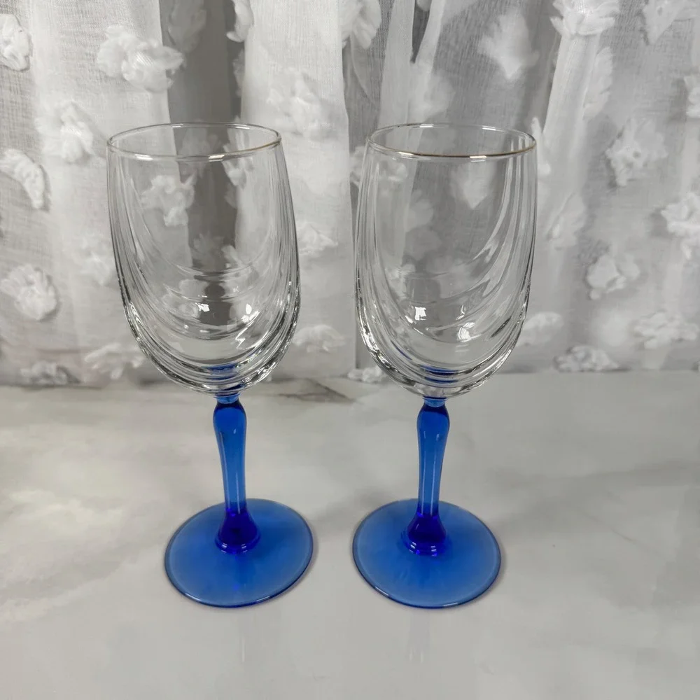 Lenox Swag Drape Cobalt Blue‎ Stem Wine Glass Goblet Set of 2 Gold Rim
